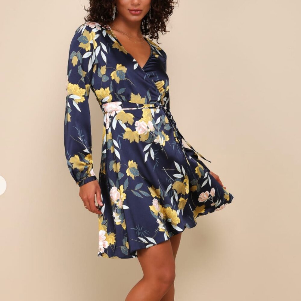 Lulus Navy Blue Floral Print Satin Wrap Dress Size L